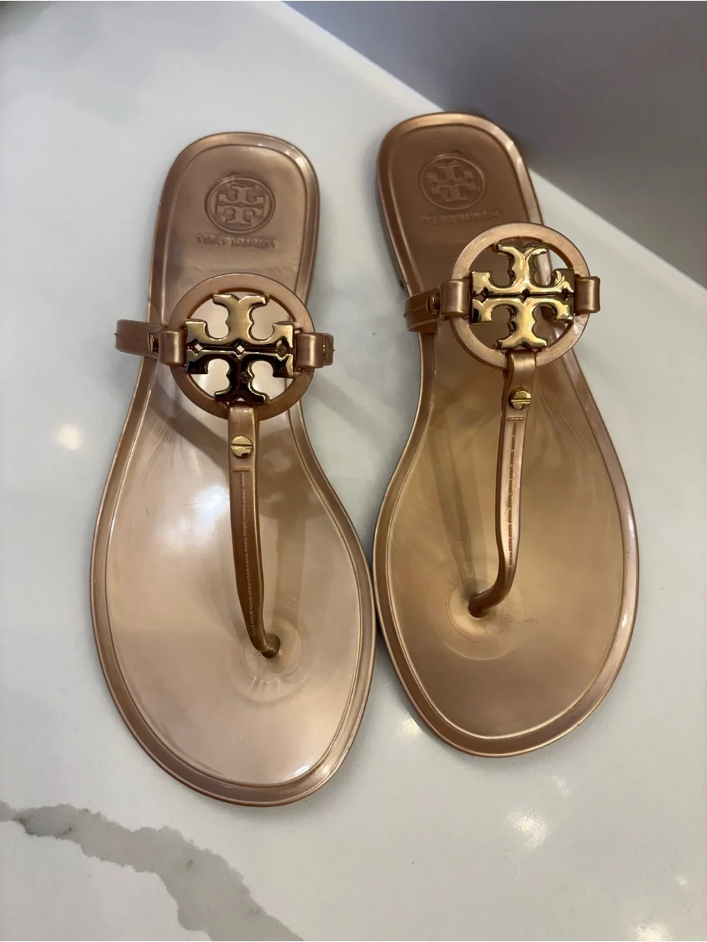 Tory Burch Metallic Bronze Jelly Logo Thong Sandals